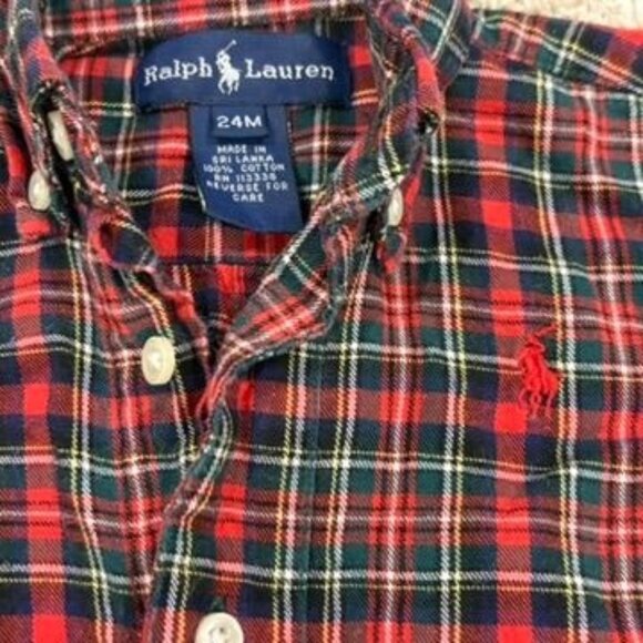 Ralph Lauren 24M Boys Red & Green Plaid Cotton Long Sleeve Button-Up Romper - Picture 3 of 4